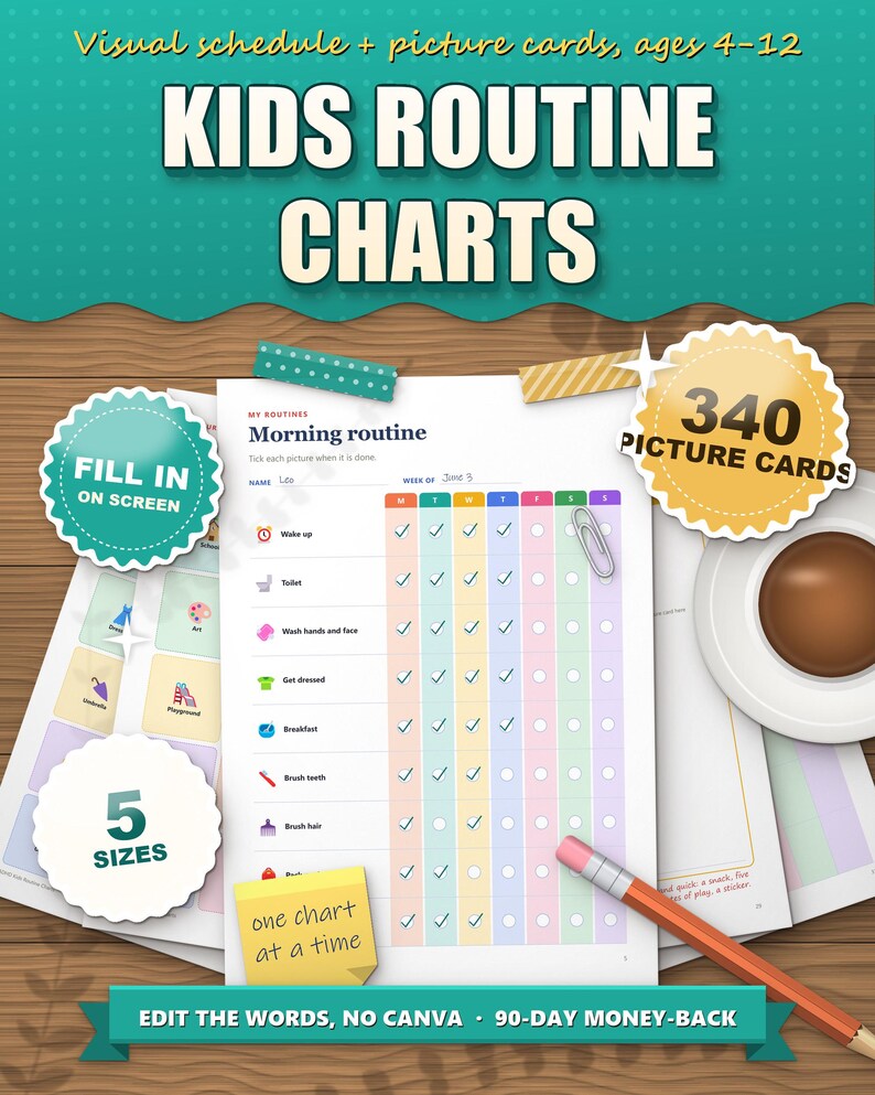 Kids routine chart printable, morning routine picture chart ticked off, 340 picture cards, fill in on screen, 5 sizes