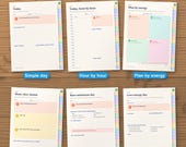 Six daily page layouts of the digital planner, from simple day to low-energy day