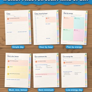 Six daily page layouts of the digital planner, from simple day to low-energy day