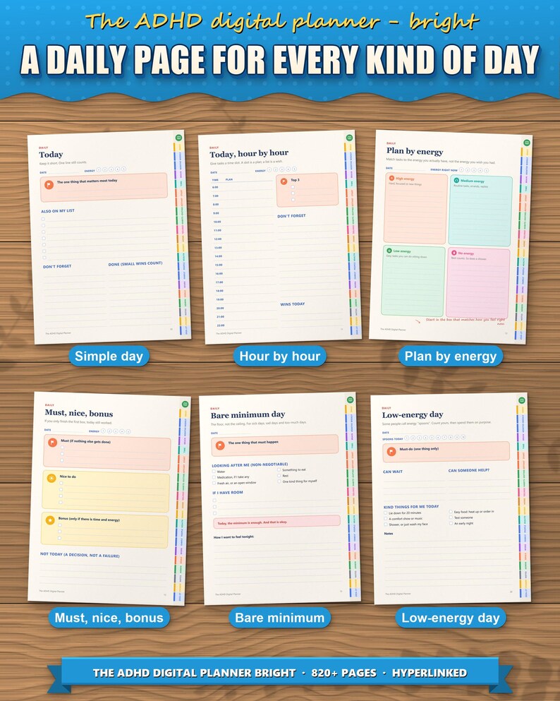 Six daily page layouts of the digital planner, from simple day to low-energy day