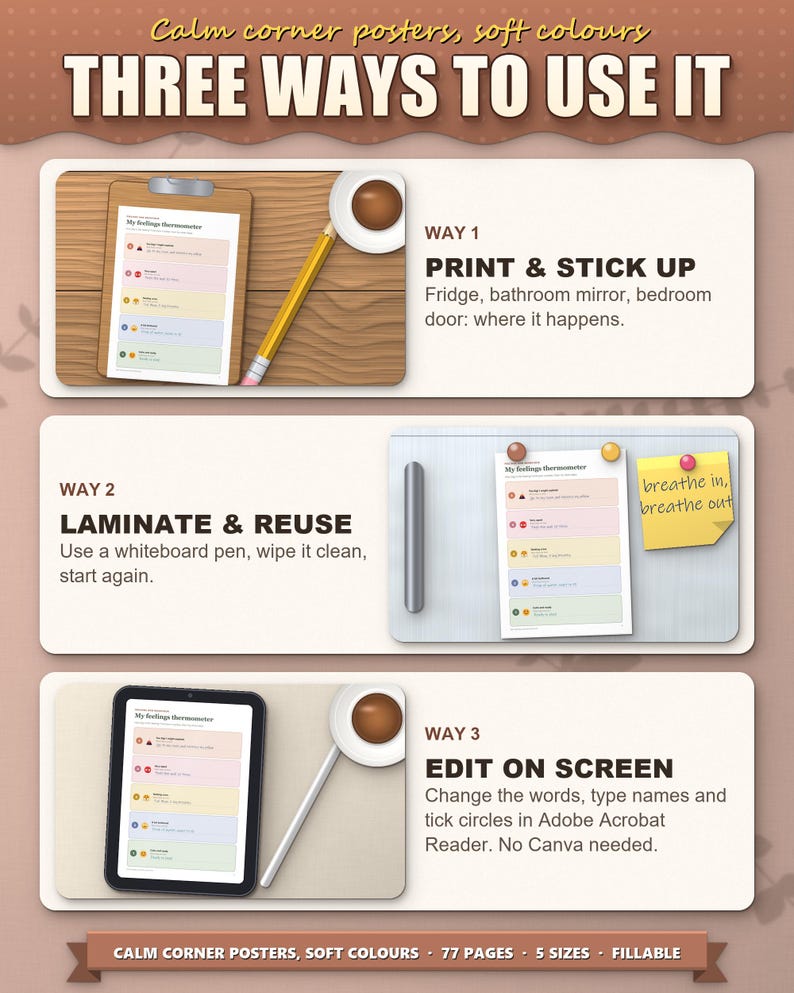 Three ways to use the kit: print and stick up, laminate and reuse, fill in on screen
