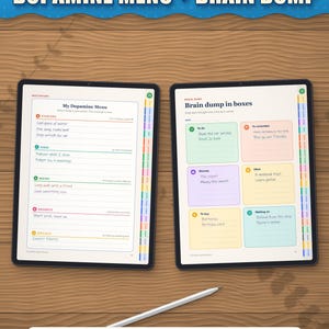 Dopamine menu and brain dump in boxes on tablets, filled in as an example