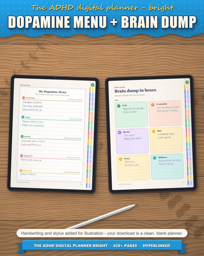Dopamine menu and brain dump in boxes on tablets, filled in as an example