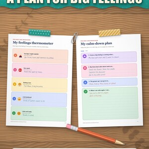 Feelings thermometer and calm-down plan filled in as an example for a child with big feelings