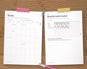 Month page and monthly habit tracker filled in with coloured habits