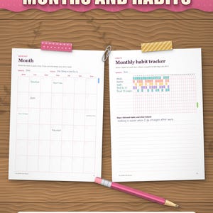 Month page and monthly habit tracker filled in with coloured habits