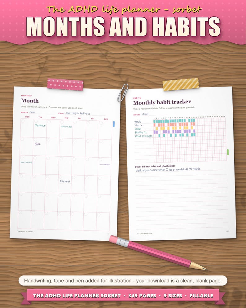 Month page and monthly habit tracker filled in with coloured habits