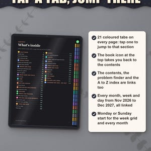 Contents page on a tablet: 21 coloured tabs on every page and a book icon back to the contents