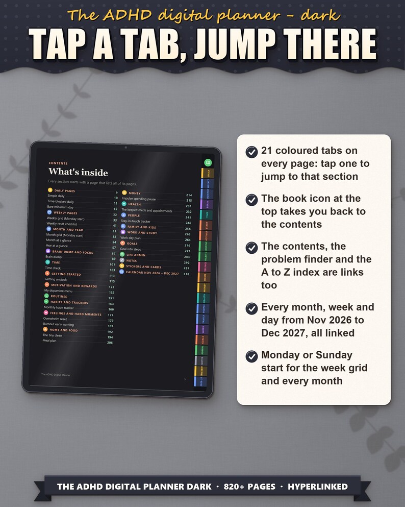 Contents page on a tablet: 21 coloured tabs on every page and a book icon back to the contents