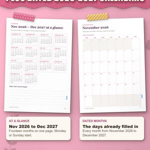 Dated calendar: November 2026 to December 2027 on one page, and a dated month page