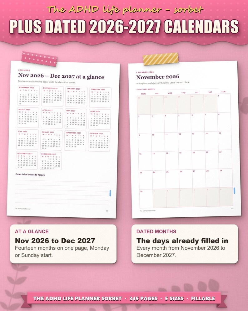 Dated calendar: November 2026 to December 2027 on one page, and a dated month page