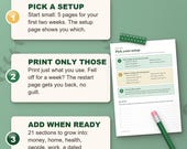 How the ADHD planner works: pick a setup, print only those pages, add sections when ready