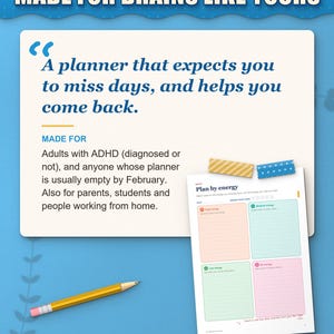 Who the planner is for: adults with ADHD whose planners are empty by February, parents and students