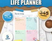 The ADHD Life Planner bright edition 2026 2027 printable, colorful plan by energy daily page on a desk, 345 pages, 5 sizes, fill in on screen