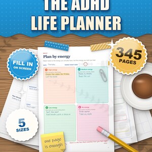 The ADHD Life Planner bright edition 2026 2027 printable, colorful plan by energy daily page on a desk, 345 pages, 5 sizes, fill in on screen