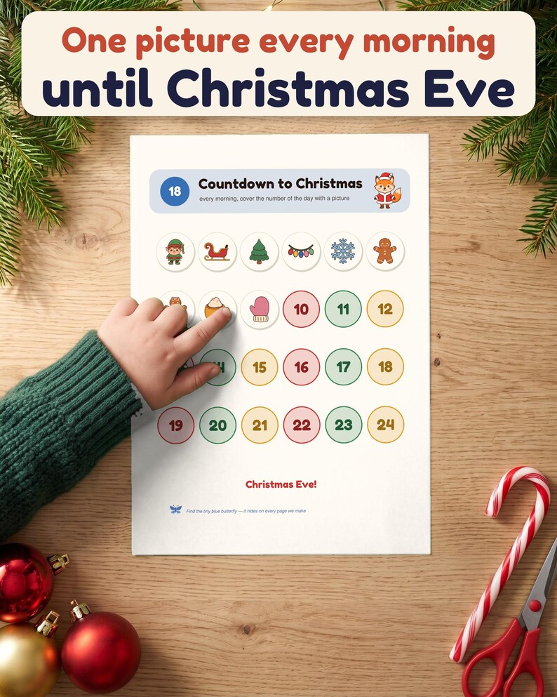 A child's hand covers day 8 on the Countdown to Christmas page of the busy book