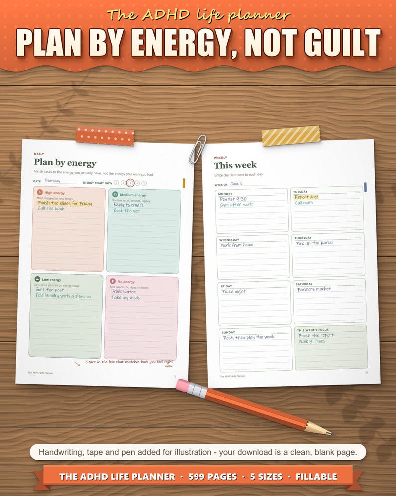 ADHD Planner 2026 2027 2028 Printable for Adults, Dated and Undated, 599 Page Fillable PDF, Daily Weekly Monthly Pages, Dopamine Menu image 5