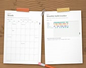 Month page and monthly habit tracker filled in with coloured habits