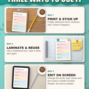 Three ways to use the kit: print and stick up, laminate and reuse, fill in on screen