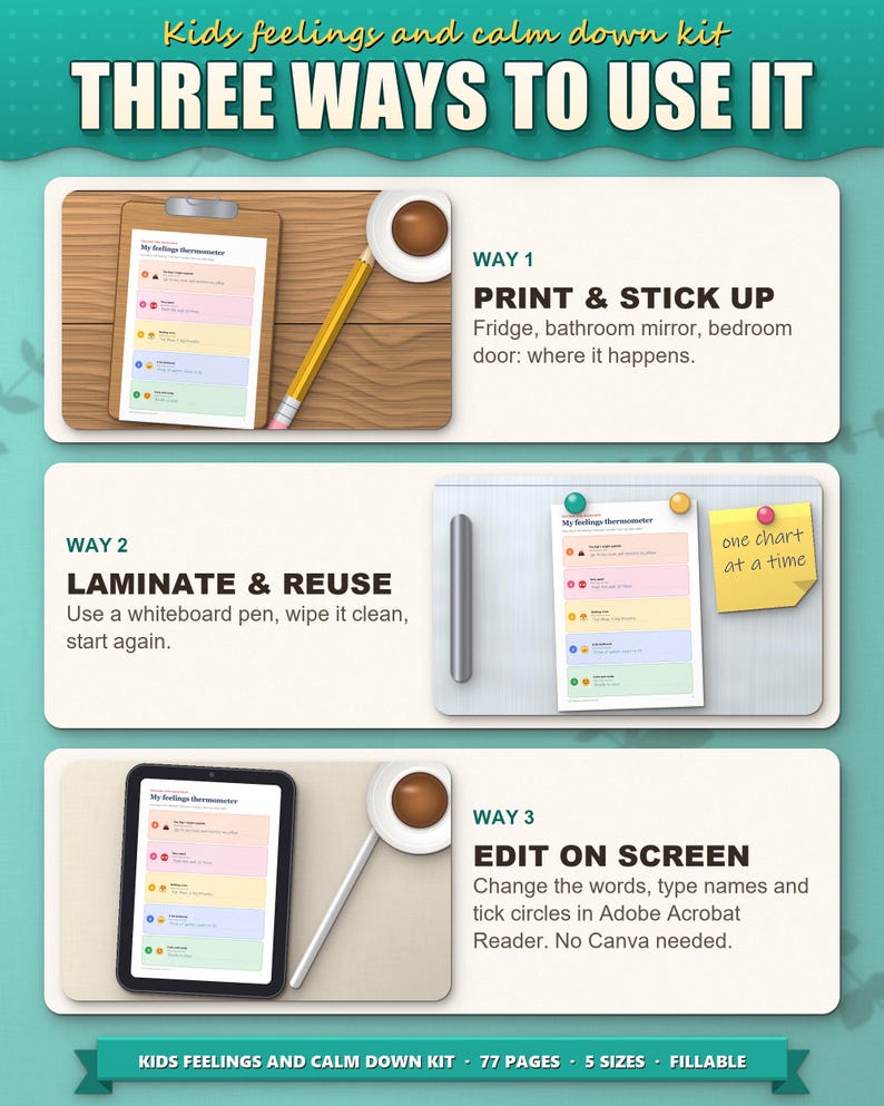 Three ways to use the kit: print and stick up, laminate and reuse, fill in on screen