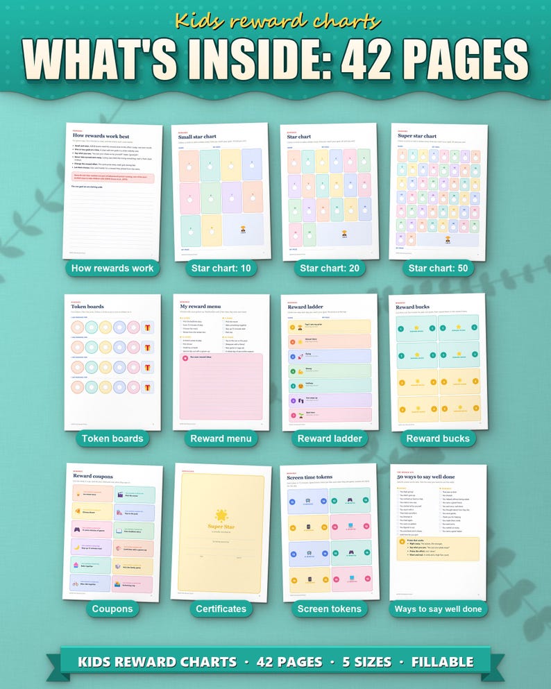 What's inside the kids reward charts: 12 of the 42 pages