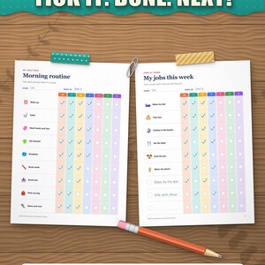 Morning routine and weekly job chart for kids, ticked off day by day as an example