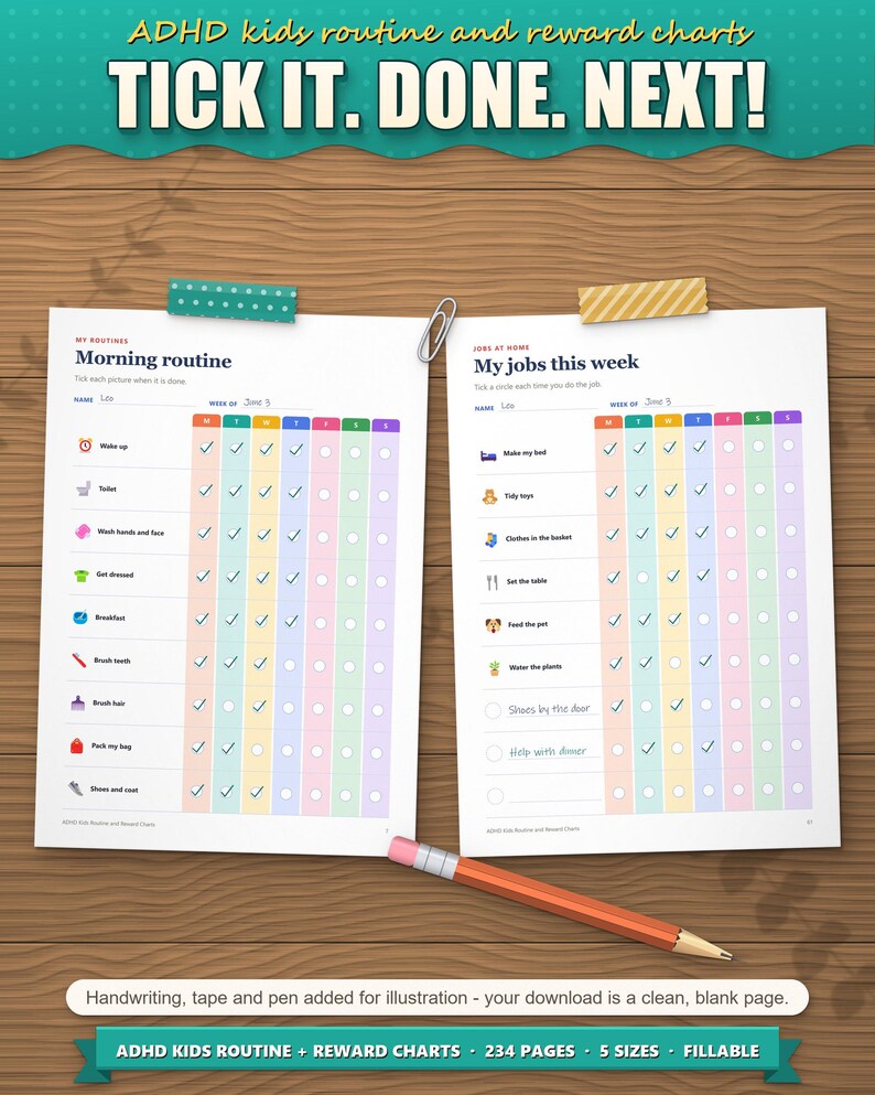 Morning routine and weekly job chart for kids, ticked off day by day as an example