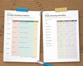 Weekly cleaning rotation and daily cleaning checklist filled in, one zone a day for 15 minutes