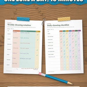 Weekly cleaning rotation and daily cleaning checklist filled in, one zone a day for 15 minutes