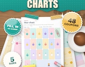Reward chart for kids printable, star chart coloured in, token boards and coupons, fill in on screen, 5 sizes