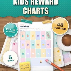 Reward Chart for Kids Printable, Sticker Chart, Token Board, 48 Reward Coupons, Reward Bucks, Certificates, ADHD Kids, Fillable PDF