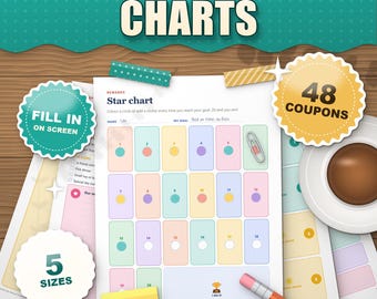 Reward Chart for Kids Printable, Sticker Chart, Token Board, 48 Reward Coupons, Reward Bucks, Certificates, ADHD Kids, Fillable PDF