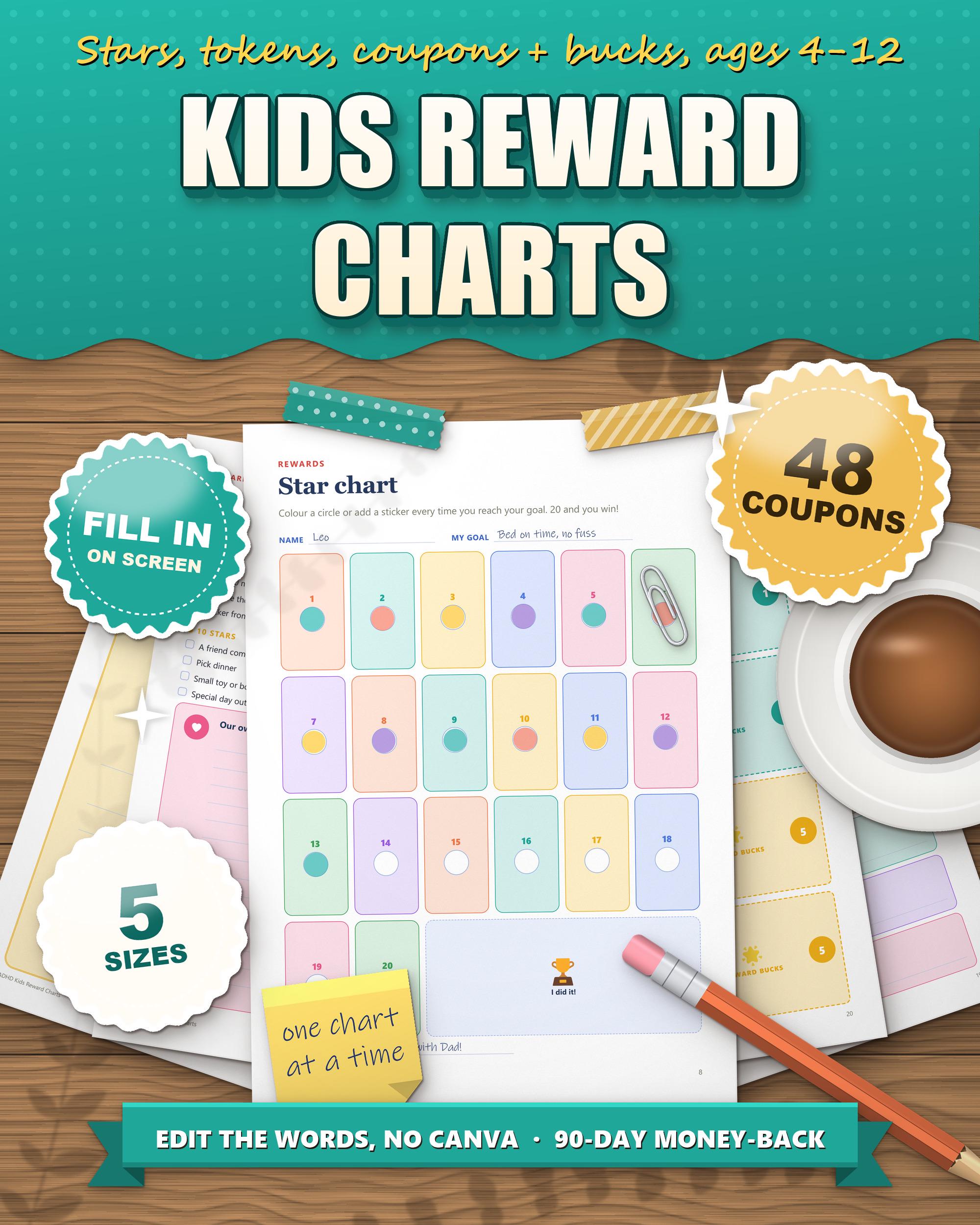 Reward chart for kids printable, star chart coloured in, token boards and coupons, fill in on screen, 5 sizes