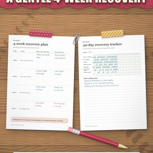 Four-week recovery plan and 30-day recovery tracker pages with handwritten example entries