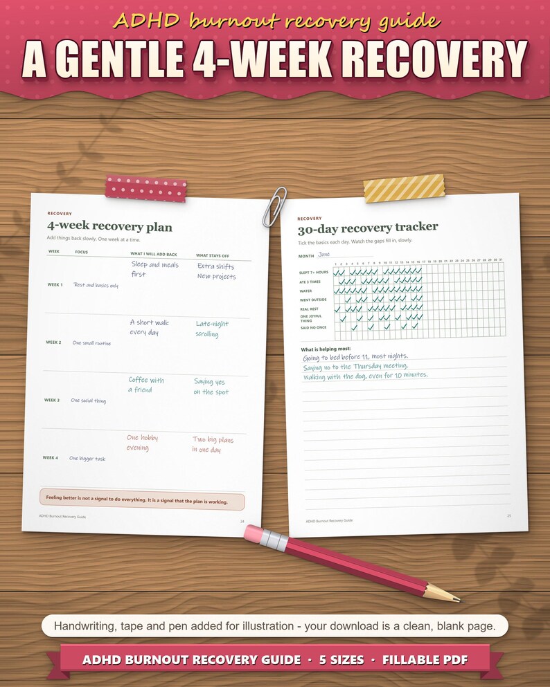 Four-week recovery plan and 30-day recovery tracker pages with handwritten example entries