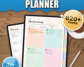 Colorful ADHD digital planner 2026 2027, bright edition, for iPad and Android on a tablet, plan by energy page with tappable side tabs, 820+ pages