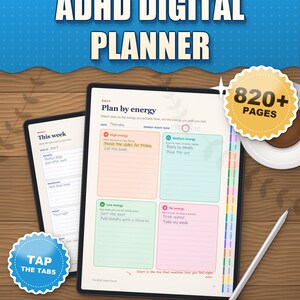 Colorful ADHD digital planner 2026 2027, bright edition, for iPad and Android on a tablet, plan by energy page with tappable side tabs, 820+ pages
