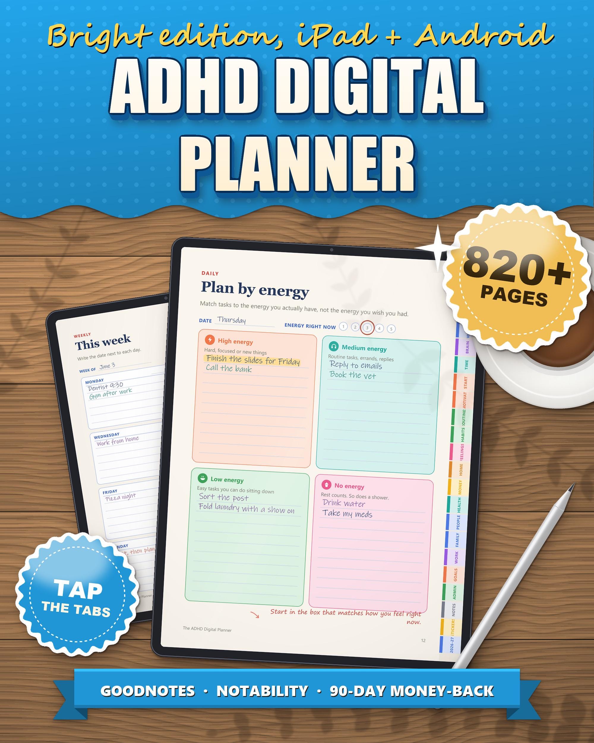 Colorful ADHD digital planner 2026 2027, bright edition, for iPad and Android on a tablet, plan by energy page with tappable side tabs, 820+ pages