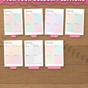 The planner in 7 colour editions: calm, bright, lavender, forest green, sunset, monochrome and sorbet. This listing is the sorbet edition; each colour is its own listing