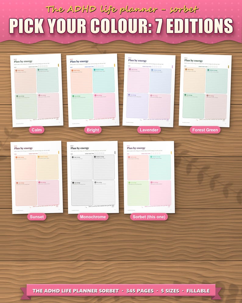 The planner in 7 colour editions: calm, bright, lavender, forest green, sunset, monochrome and sorbet. This listing is the sorbet edition; each colour is its own listing