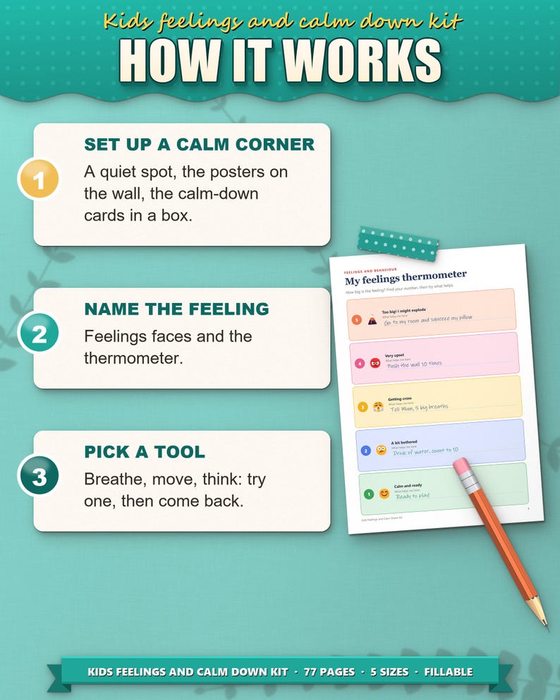 How it works: set up a calm corner, name the feeling, pick a tool