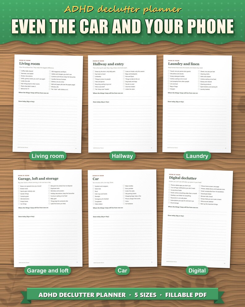 More declutter checklists for living room, hallway, laundry, garage and loft, car and digital declutter