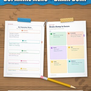 Dopamine menu and brain dump sorted into boxes, filled in as an example
