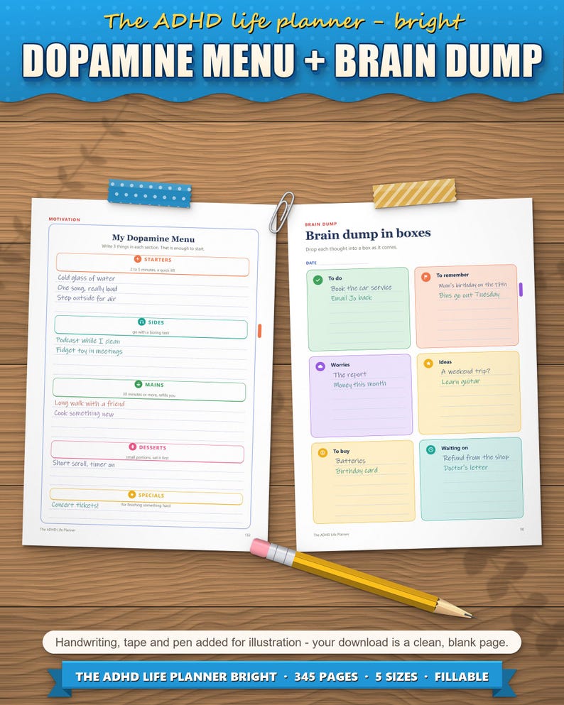 Dopamine menu and brain dump sorted into boxes, filled in as an example