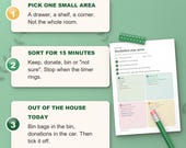How the ADHD declutter planner works: pick one small area, sort for 15 minutes, out of the house today