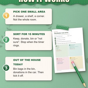 How the ADHD declutter planner works: pick one small area, sort for 15 minutes, out of the house today