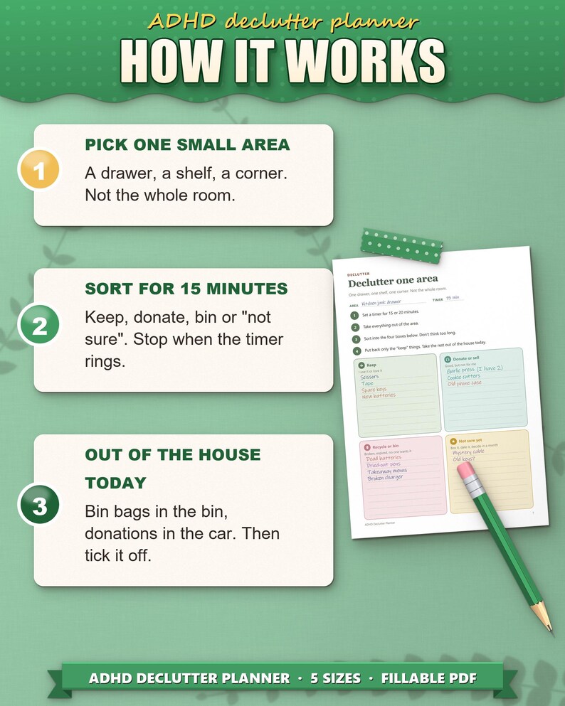 How the ADHD declutter planner works: pick one small area, sort for 15 minutes, out of the house today