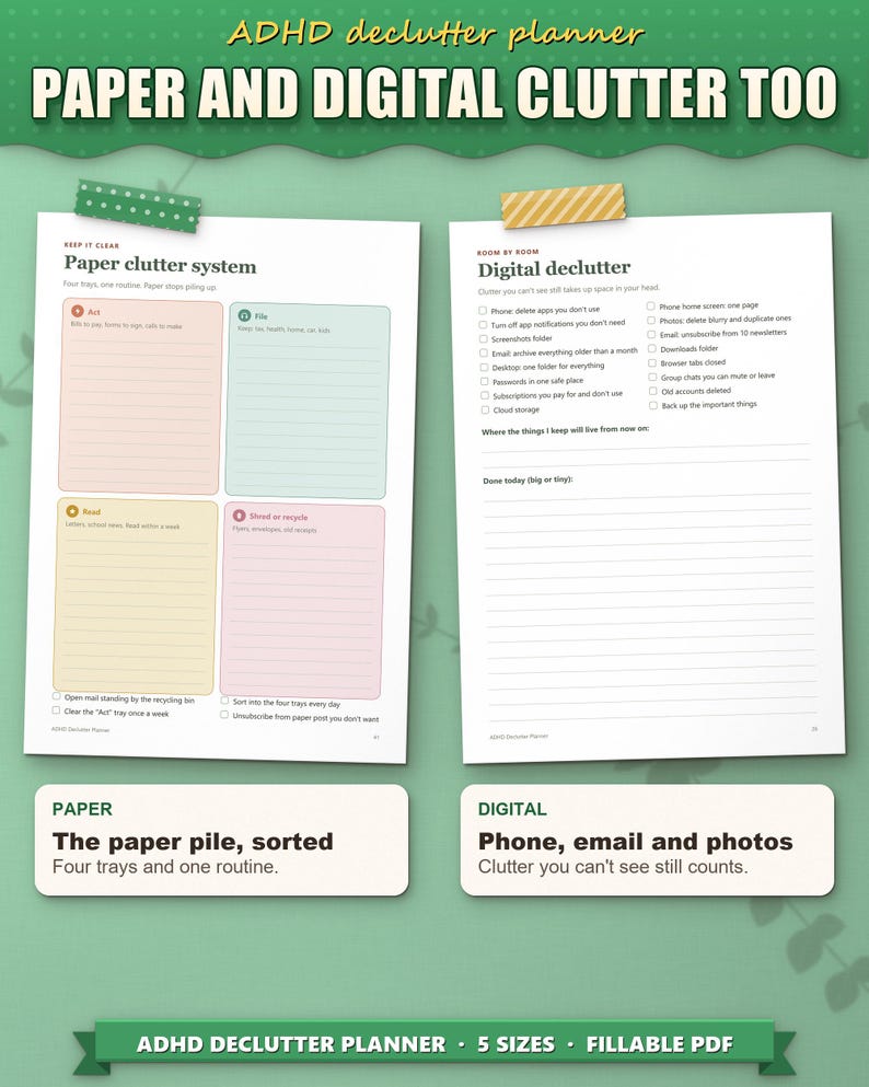 Paper clutter system and digital declutter checklist for phone, email and photos