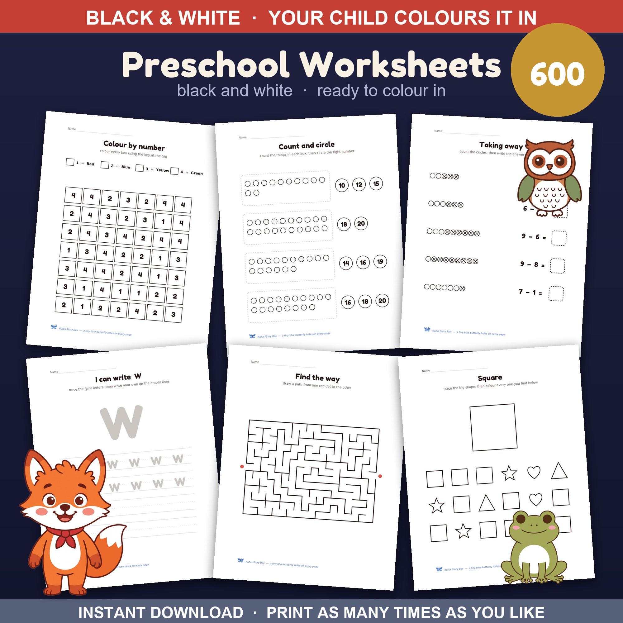 Preschool Worksheets Bundle — 600 Pages, Black & White