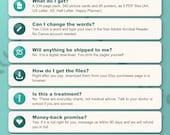 Frequently asked questions: what you get, typing into the PDF, no shipping, download, not a treatment, sharing